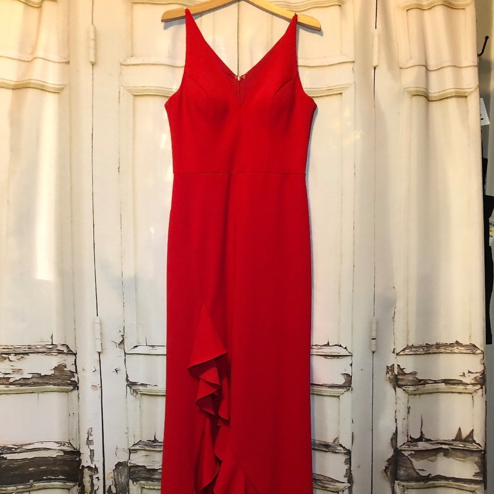 Betsy & Adam V-Neck Cascade High-Low Red Gown - NWOT!